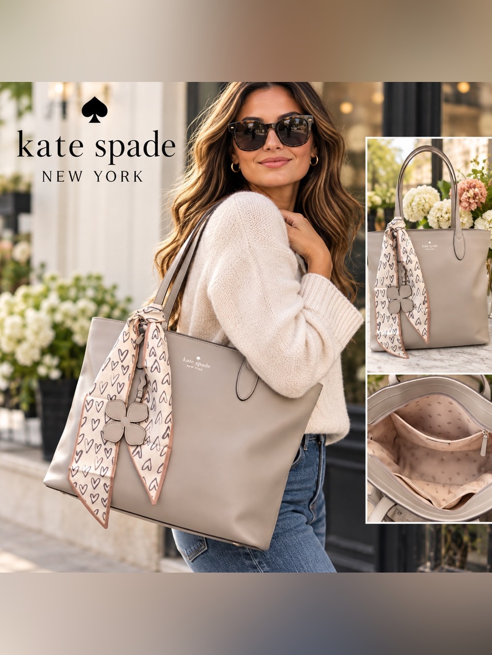 ♠️ Kate Spade New York Greige Leather Tote + Reversible Orchid Charm & Twily